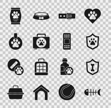 Balık iskeleti, hayvan sağlığı sigortası, yaka kartı, evcil hayvan ilk yardım çantası, yiyecek ve bandaj ikonu. Vektör