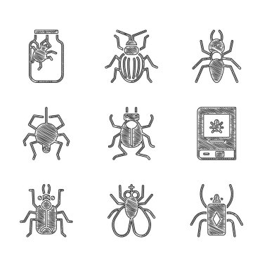 Böcek, Böcek Sineği, Böcek, Örümcek, Karınca ve kavanoz ikonu hakkında kitap. Vektör