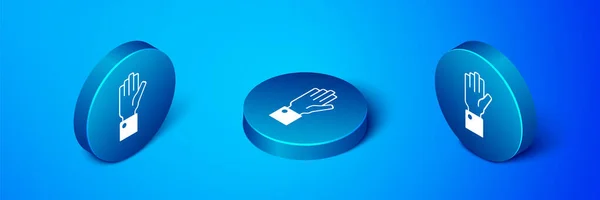 Isometric Hand Holding Auction Icon Isolated Blue Background Bidding Concept — Stock Vector