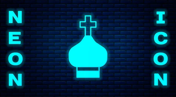 Glowing neon Christian church tower icon isolated on brick wall background. Religion of church.  Vector