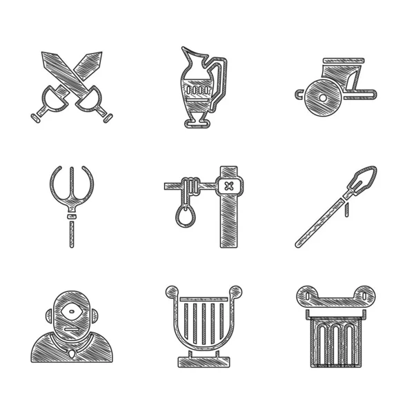 Set Gallows Ancient Lyre Column Medieval Spear Cyclops Neptune Trident — Stock Vector