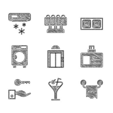 Asansör, martini bardağı, tuvalet kağıdı rulosu, kimlik kartı, otel kapı kilidi anahtarı, çamaşır makinesi, elektrik prizi ve klima ikonu. Vektör