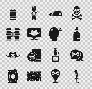 Korsan kılıcı, yer korsanı, alkol içeceği rom, kafa için bandana, dürbün, dinamit bombası ve Kaptan ikon. Vektör