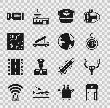 Havaalanında metal dedektör, Uçak dümeni, Barometre, Pilot şapkası, Yolcu merdiveni, Dünya seyahati haritası, uçak bileti ve dünya çapında ikon. Vektör