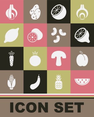 Karpuz, erik meyvesi, limon, portakal, kivi, soğan ve fasulye ikonu. Vektör