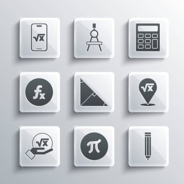 Pi sembolü, Kalem, x kabartmasının kare kökü, açı ortay üçgeni, fonksiyon matematiği ve hesap makinesi simgesini ayarla. Vektör
