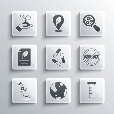 Dünya küresi, deney tüpü ve matara, GDO, virüs, mikroskop yok, yapraklı eko kağıt, elinde bitki ve mikroorganizmaları büyüteç simgesi altında ayarla. Vektör