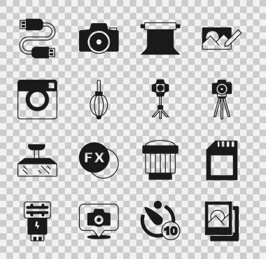 Fotoğraf çerçevesi, hafıza kartı, kamera, boş fotoğraf stüdyosu, toz üfleyici, USB kablo ve Softbox ışık ikonu ayarla. Vektör