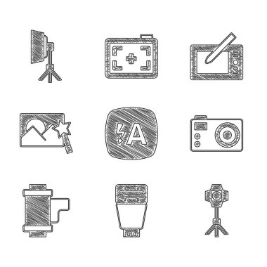 Otomatik flaşları, fotoğraf makinesini, Softbox ışığını, kamera rulo kartuşunu, rötuşlamayı, grafiksel tableti ve simgeyi ayarla. Vektör