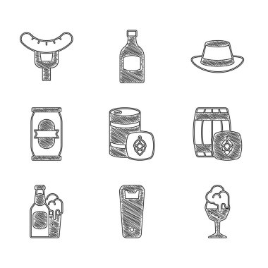 Metal bira fıçısı, şişe açacağı, tahta fıçı, bira şişesi ve cam, teneke kutu, çatal ikonunda Oktoberfest şapkası ve sosis. Vektör