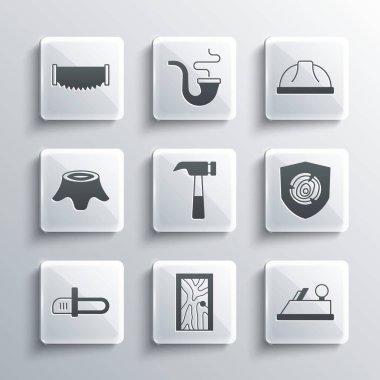 Kapalı kapı, tahta uçak aleti, tahta kütük, çekiç, testere, ağaç kütüğü, iki elli ve işçi kaskı ikonu. Vektör