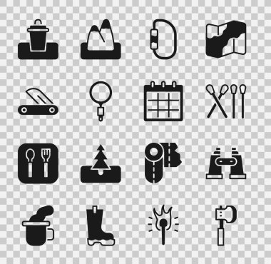 Tahta balta, dürbün, kibrit kutusu, karabina, büyüteç, İsviçre çakısı, çöp kutusu ve takvim ikonu. Vektör