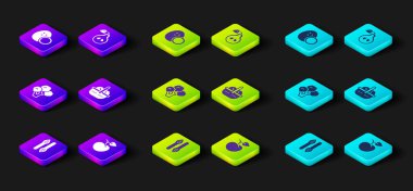 Kuşkonmaz, şeftali, nektarin, brokoli, sepet ve yemek, armut ve hindistan cevizi ikonu. Vektör