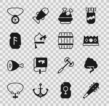 Dikenli biber gazı, bulut ve şimşek, Kral tacı, kızarmış hindi veya tavuk, Viking boynuzlu miğferi, sihirli mühür, kolye taşı ve tahta fıçı ikonu. Vektör