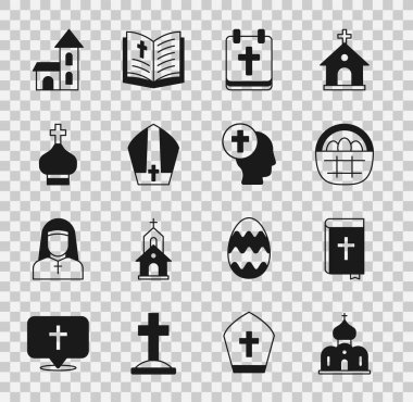 Kilise binası, kutsal İncil kitabı, Paskalya yumurtalı sepet, Paskalya takvimi şapkası, Papa şapkası, Hristiyan kilise kulesi ve rahip ikonu. Vektör