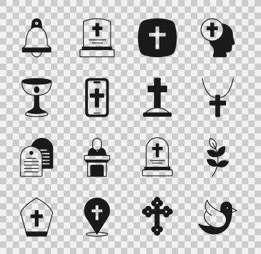 Güvercin, Söğüt yaprağı, Hıristiyan haçı zinciri, telefon, kadeh, kilise çanı ve ikonlu Grave. Vektör