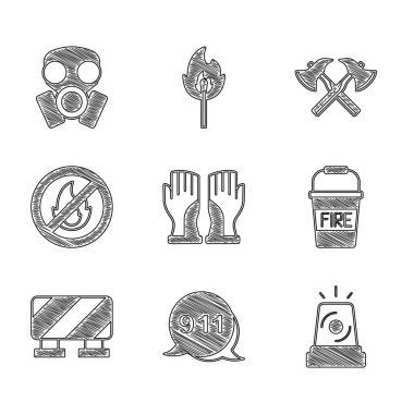 İtfaiyeci eldivenleri, 911 'i arayın. Siren, kova, bariyer, yangın, balta ve gaz maskesi yok. Vektör