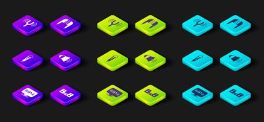 MP4 dosya belgesi, iki hoparlörlü ev teybi, mikrofon, megafon, hava kulaklığı ve müzikal ayar çatal simgesi ayarla. Vektör