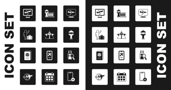 设置平面 旅客与行李箱 机场控制塔 遗失行李和护照图标 — 图库矢量图片