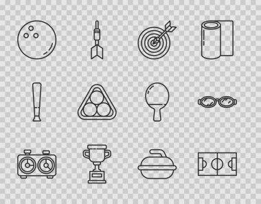 Satranç saati, futbol ya da futbol sahası, oklu hedef, ödül kupası, bowling, bilardo topları üçgeni, bilardo oyunu için taş ve yüzme ikonu. Vektör