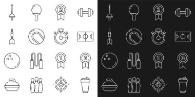 Set hattı fitness sallayıcısı, madalya, futbol sahası, beysbol, dart oku, eskrim ve Stopwatch ikonu. Vektör