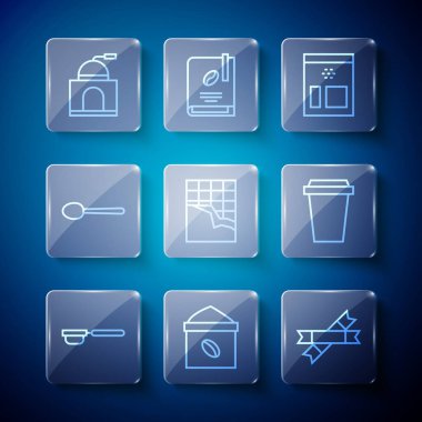 Çizgi kahve filtresi, poşet kahve çekirdekleri, çikolata paketleri, kaşık, manüel öğütücü ve kupa. Vektör