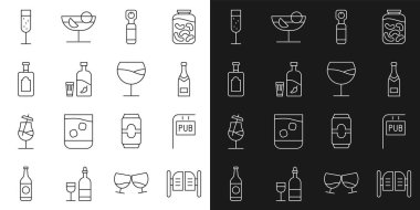 Bar kapısı, barlı sokak tabelası, şampanya şişesi, şişe açacağı, votka biber ve bardak, viski, bir bardak şampanya ve şarap ikonu. Vektör