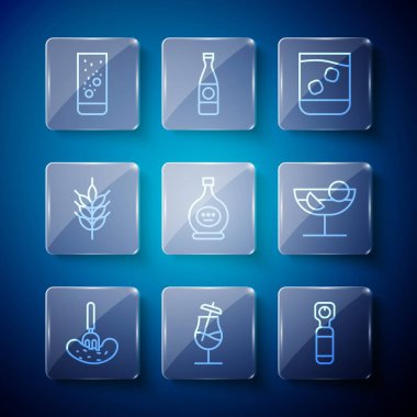 Bir çatala salatalık turşusu, Kokteyl, Şişe açacağı, bir bardak viski, konyak, Hop, Effervescent tabletleri ve ikon. Vektör