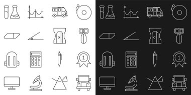 Okul otobüsü, madalya, makas, akut açı, silgi lastiği, test tüpü, matara ve kalem açacağı simgesini ayarla. Vektör