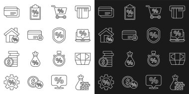 Para çantası ve madeni para, yığınla kağıt para, yüzde indirim dizüstü bilgisayar, alışveriş arabası, kredi kartı silme, kredi kartı silme, ve yüzde ikonu olan ev. Vektör