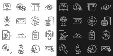 Hat Para yüzde, Kredi, Para, Kredi kartı, Kredi kartı, Yığınla kağıt para, İndirimli konum, Yüzde ve dizüstü bilgisayar ve Dişli ikonu. Vektör