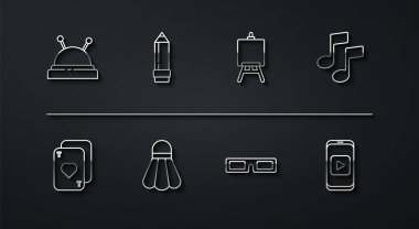 İğne ve iğneler, iskambil kartları, müzik notaları, ton, sinema gözlükleri, Badminton servis aleti silgisiyle kalem, çevrimiçi oyun videosu ve Easel veya resim tahtası simgesi. Vektör