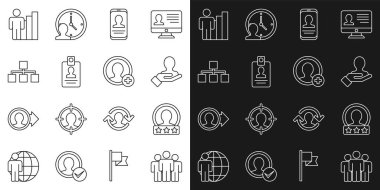 Kullanıcı grubunu ayarla, hesap ekranı oluştur, arama görevlileri için el, özgeçmişi olan mobil kimlik kartı, hiyerarşi organizogramı şeması, Üretici insan ve simge. Vektör