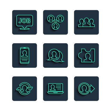 İnsan kaynaklarını ayarla, özgeçmişli dizüstü bilgisayar, hesap ekranı oluştur, kullanıcı grubu, konuşma balonu sohbeti, mobil, iş ve kafa avlama simgesi. Vektör
