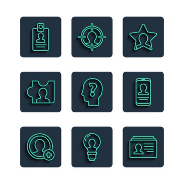 Satır Ayarla Hesap Ekranı Oluştur, Ampul, Devam Et, Avlanma, Soru İşareti, Kimlik kartı ve Mobil Özgeçmiş simgesi ile Baş Oluştur. Vektör