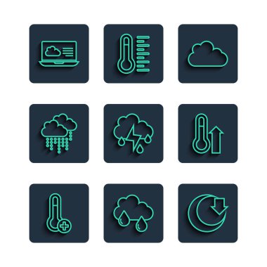 Meteoroloji termometresi, yağmur, ay ve şimşek bulutu, hava tahmini ve ikonu ayarlayın. Vektör