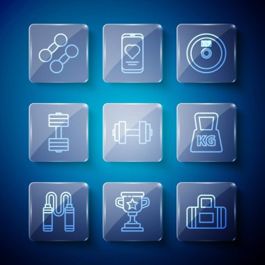 İp atlama, ödül kupası, spor çantası, ağırlık plakası, Dumbbell ve ikon. Vektör