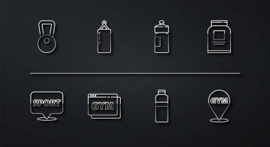 Çizgi Kettlebell, konum spor salonu, spor beslenmesi, fitness karıştırıcı, çevrimiçi fitness ve eğitim, kum torbası ve ikon. Vektör