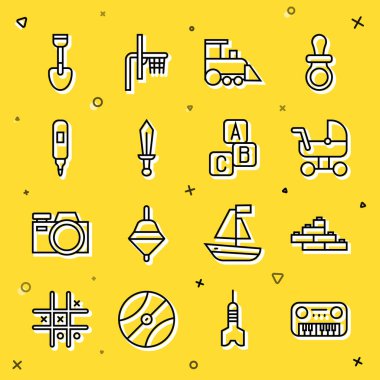 Piyano, tuğla, bebek arabası, tren, kılıç oyuncağı, keçeli kalem, kürek ve ABC blok simgesi. Vektör