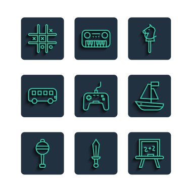 Rattle bebek oyuncağı, Kılıç, Chalkboard, Oyuncak at, Gamepad, Otobüs, Tic Tac toe oyunu ve bot ikonu. Vektör
