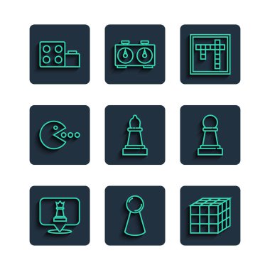 Satranç, masa oyunu için çip, Rubik küp, Bingo, yemek yiyen Pacman, oyuncak blok tuğlaları ve ikon. Vektör