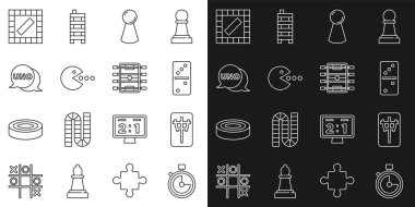 Set hattı Stopwatch, Mahjong parçaları, Domino, masa oyunu için çip, yenmiş Pacman, Uno kart, tahta ve hokey masası simgesi. Vektör
