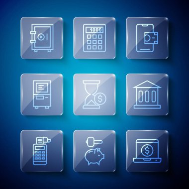 Hat yazarkasa makinesi, domuz kumbarası ve çekiç, dolarlı dizüstü bilgisayar, mobil bankacılık, kum saati, ATM, kasa ve banka ikonu. Vektör