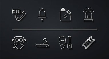 Hattı ayarla, 911 'i ara, gaz maskesini tak, alarm zilini çal, yangın küreği ve kova, sigara, kaçış ve teneke yakıt ikonu. Vektör