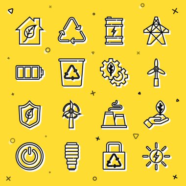 Güneş enerjisi paneli, fabrika, rüzgar türbini, biyoyakıt varili, geri dönüşümlü geri dönüşüm, batarya, çevre dostu ev ve Yaprak fabrikası ikonu. Vektör
