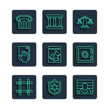 Cezaevi penceresi, polis rozeti, mahkum, adalet terazisi, kanıt torbası ve kurşun, kutsal İncil, kanun sütunları ve kasa simgesi. Vektör