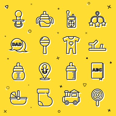 Set hattı, lolipop, ABC kitabı, bebek ayakkabıları, Monitor Walkie Talkie, Rattle bebek oyuncağı, konuşma köpüğü baba, sahte emzik ve giysi ikonu. Vektör