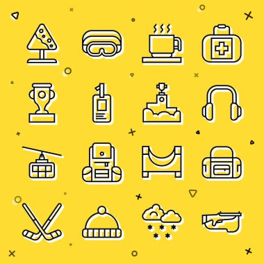 Biatlon Tüfeği Spor Torbası Kışlık Kulaklıklar Sıcak Çikolata Kupa Kimlik Ödülü Yol İşareti çığ ve kazanan podyum ikonu. Vektör.