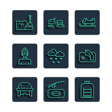 Hokey miğferi Kış Yılbaşı balıkçı kazağı kar küreği kar yığınıyla kızak bulutu ve buz hokeyi gol ikonu. Vektör.