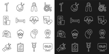 Huzurevi ilacı ya da tablet sporu genişletici yatak şişirme, baston ve kalp atış hızı ikonu. Vektör.